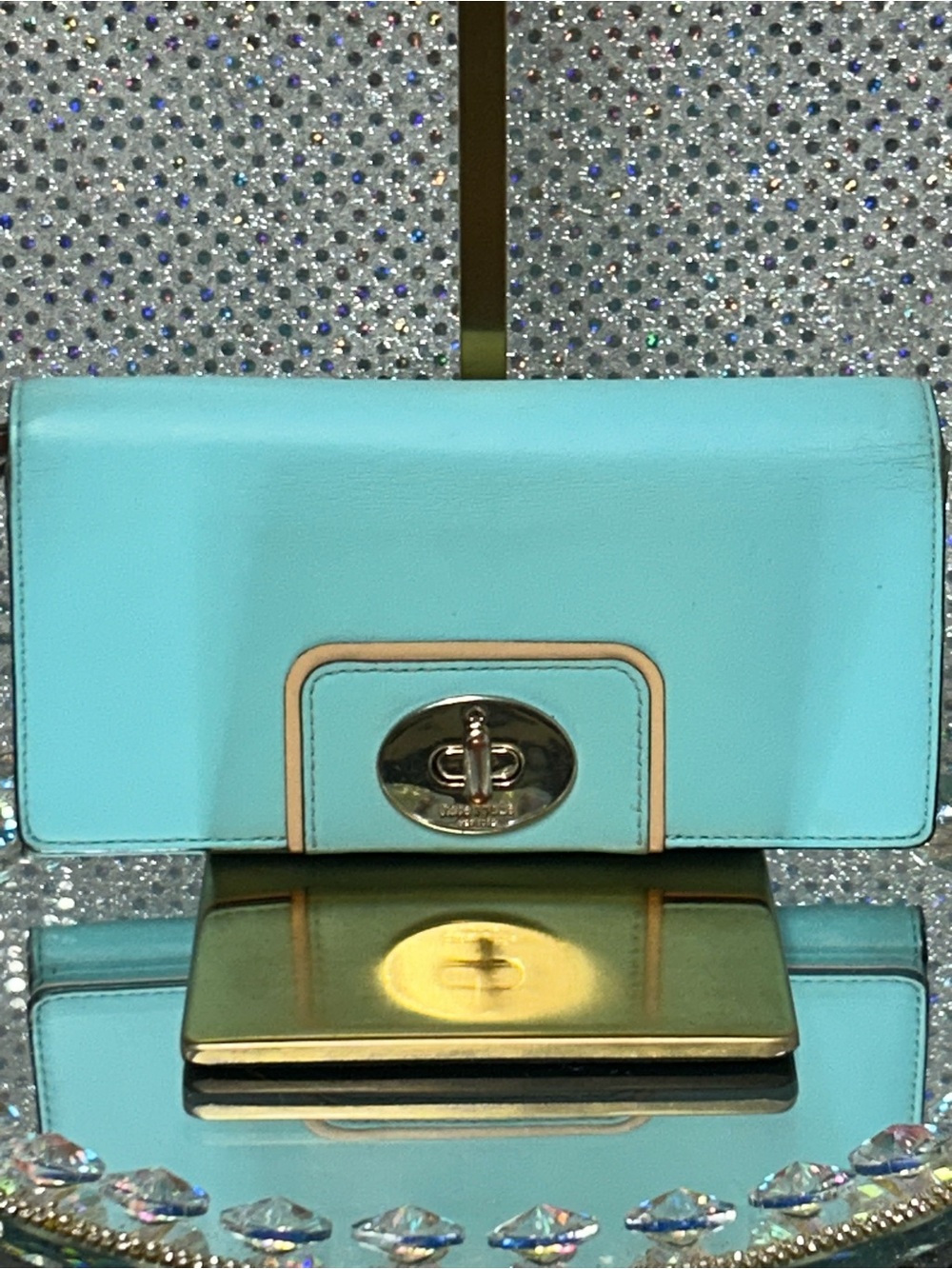 Kate Spade Turquoise Leather Turn-Lock Clutch w/Contrast Trim Approx. 7.5 x 3.5